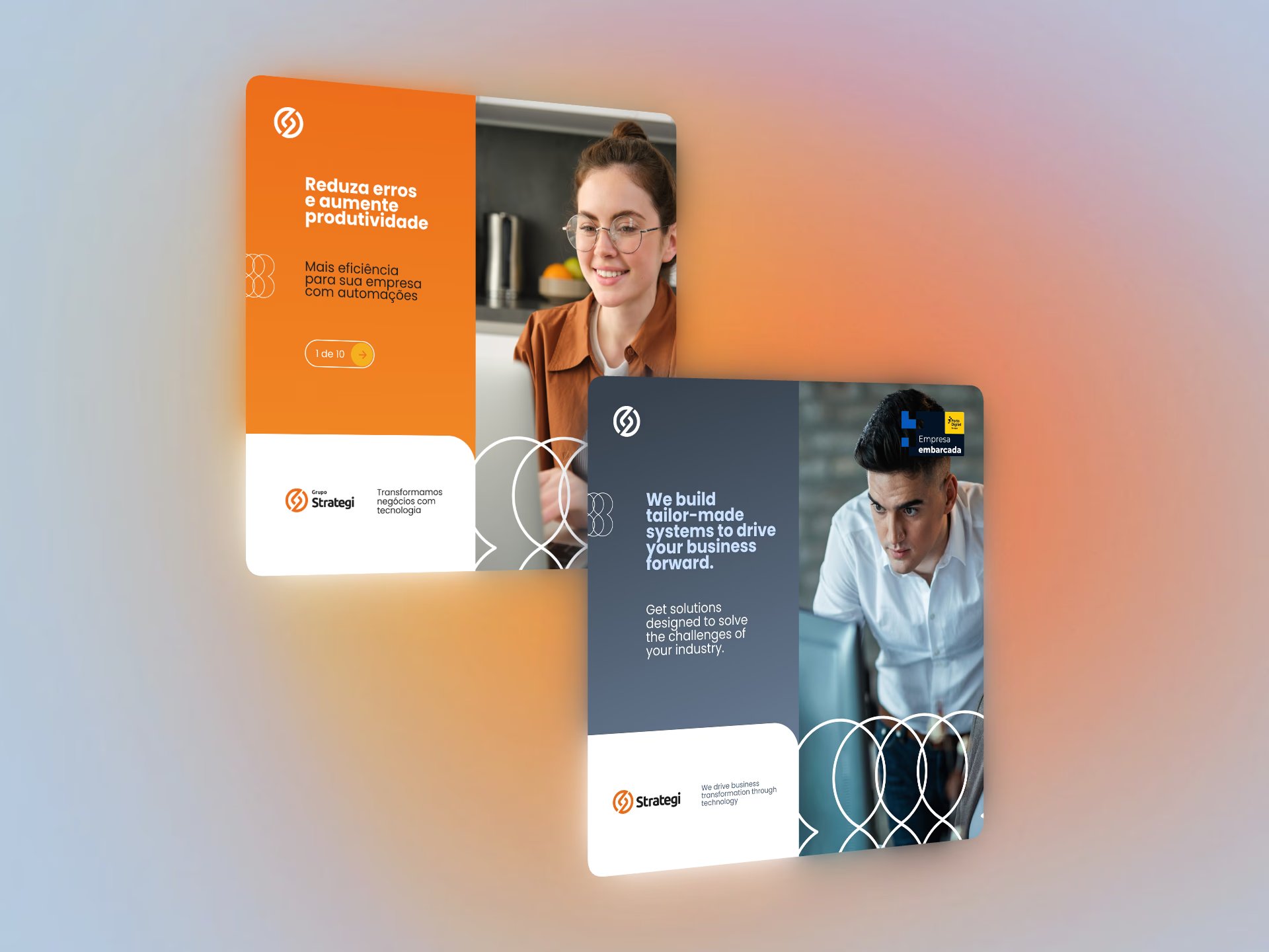 Two Grupo Strategi vertical pieces, in orange and graphite blue, with the interlaced-circles pattern over the photo