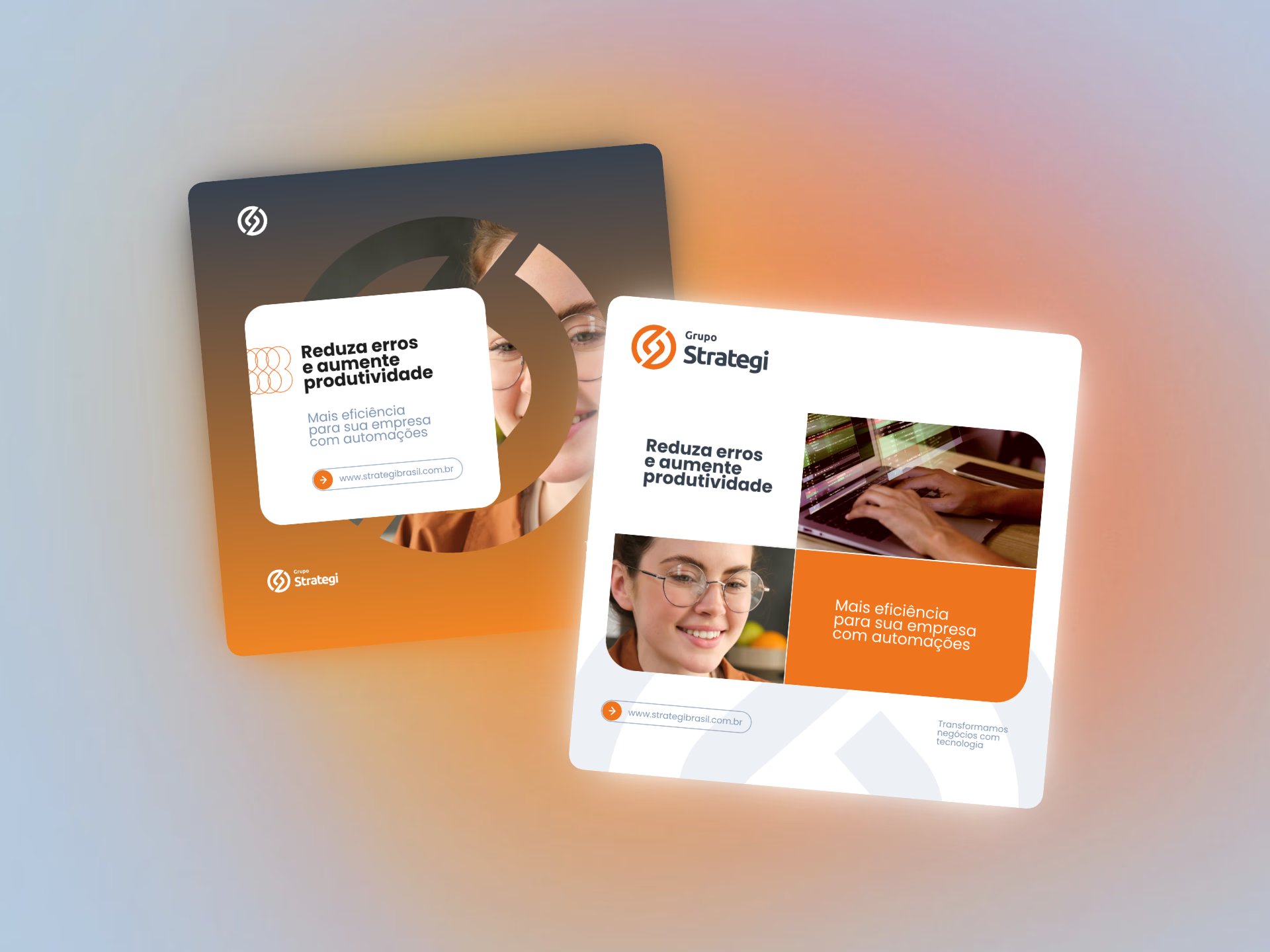 Two Grupo Strategi posts: one with a graphite-to-orange gradient and the symbol masking a photo, another with a photo grid and an orange block