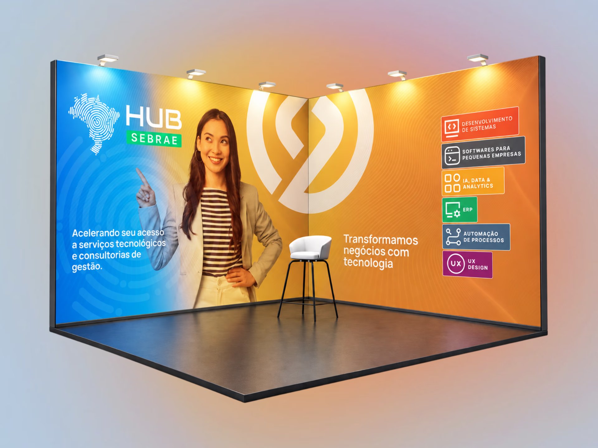 Event booth combining Hub Sebrae RN on one wall and Grupo Strategi with its service tags on the other