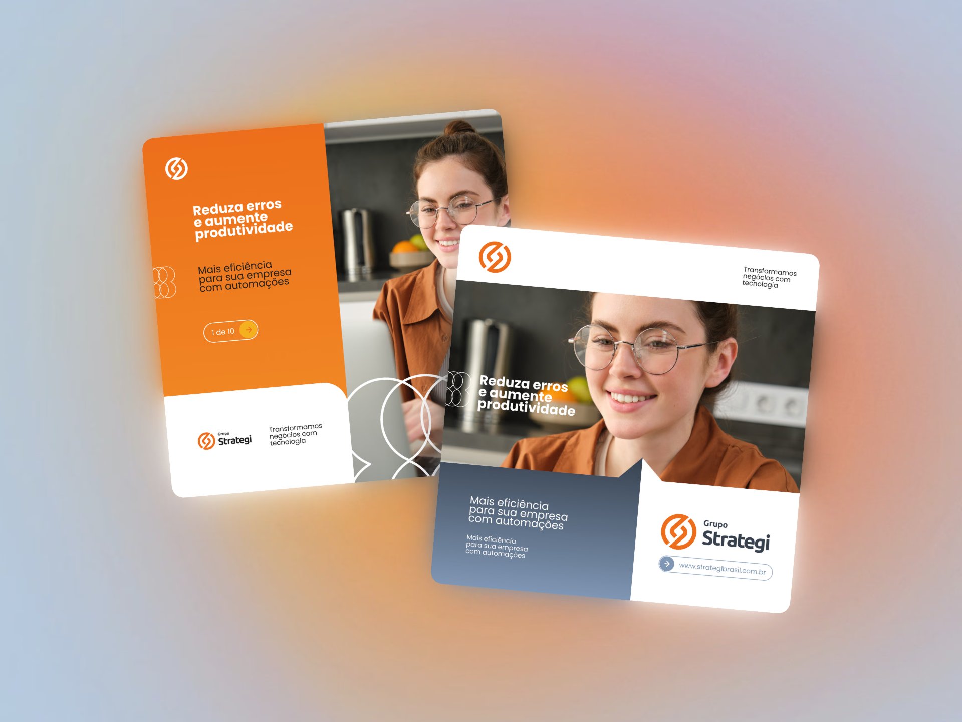 Two Grupo Strategi posts with the same message: one with an orange card beside the photo, another with a central photo, a graphite-blue card and the brand signature