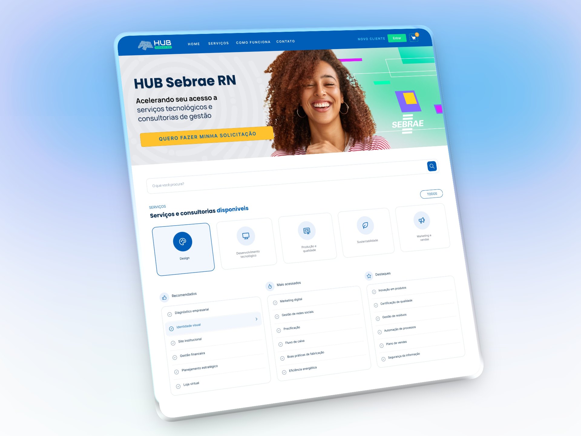 Hub Sebrae RN portal home on a tablet: hero with an entrepreneur, search and service categories.