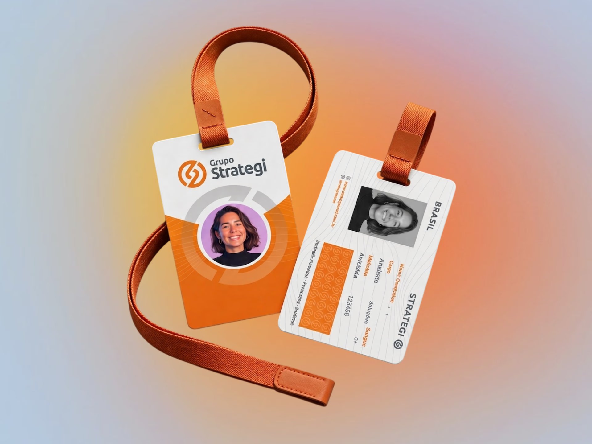 Grupo Strategi ID badges, front and back, with an orange lanyard