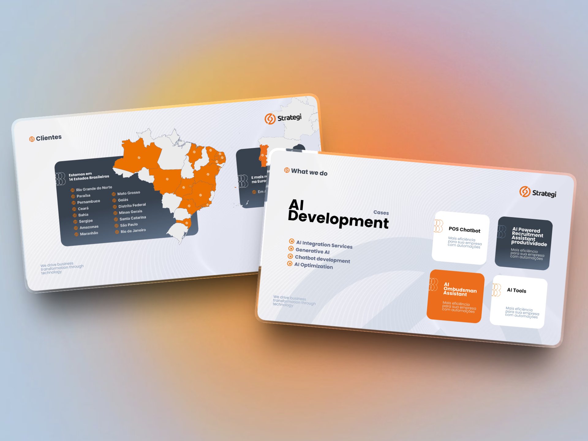 Two Grupo Strategi presentation slides: a client map of Brazil and an “AI Development” services page with cards