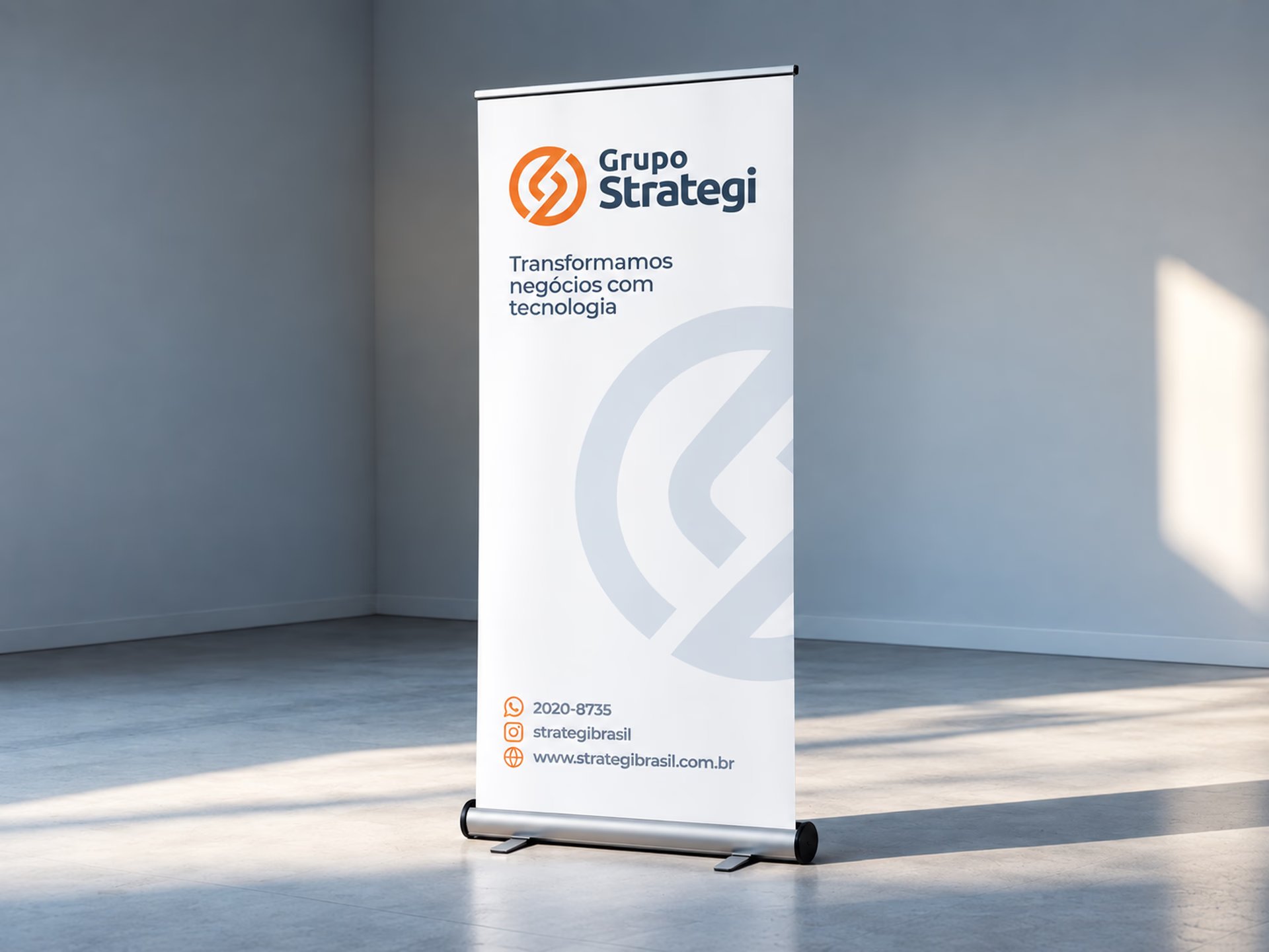 Grupo Strategi roll-up banner with logo, tagline and the symbol as a watermark