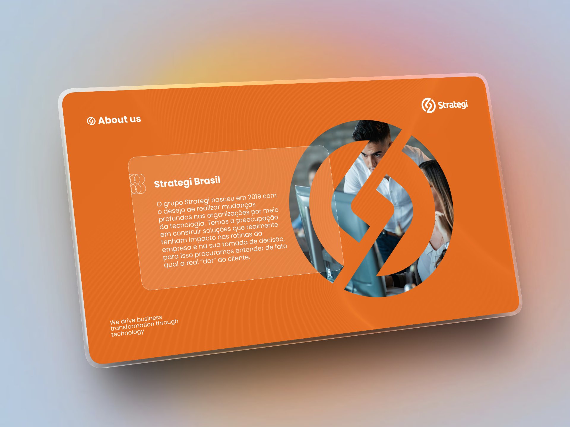 Grupo Strategi presentation slide “About us”: orange background, translucent text card and a photo masked by the brand symbol
