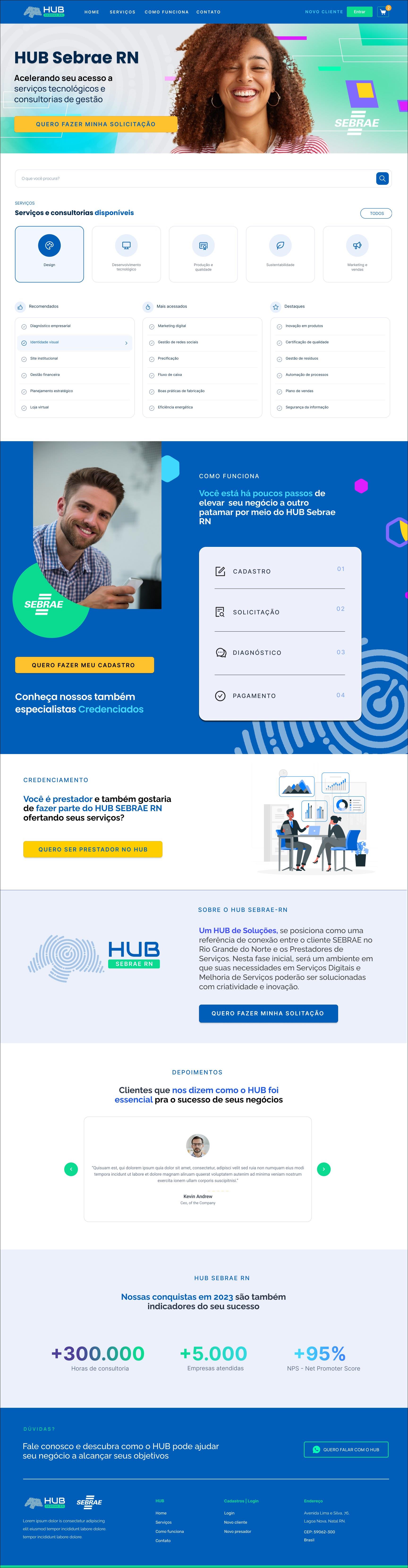 Full Hub Sebrae RN portal home page: hero, search, service categories, recommended lists, How it works section, provider accreditation, about the Hub, testimonials, 2023 figures and footer