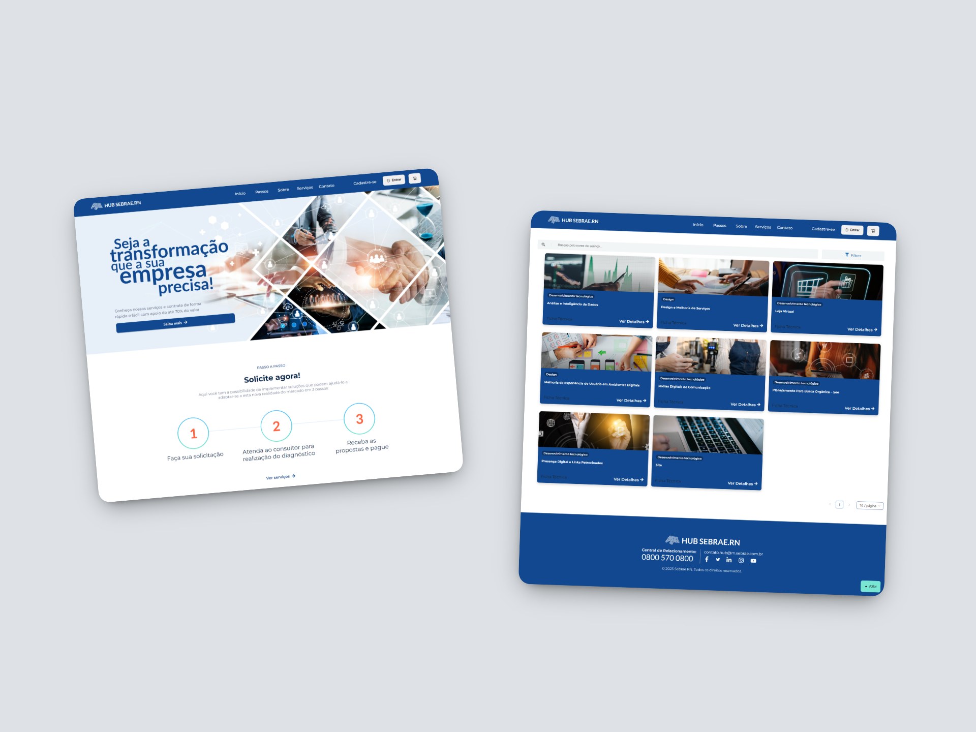 Two screens from the previous version of Hub Sebrae RN: the home page, with a technology-themed image hero and a three-step guide, and the service listing in blue cards.